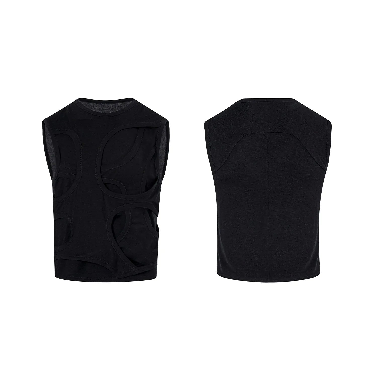 Men's solid black Lyocell summer vest with round neck tank top style on a hanger.