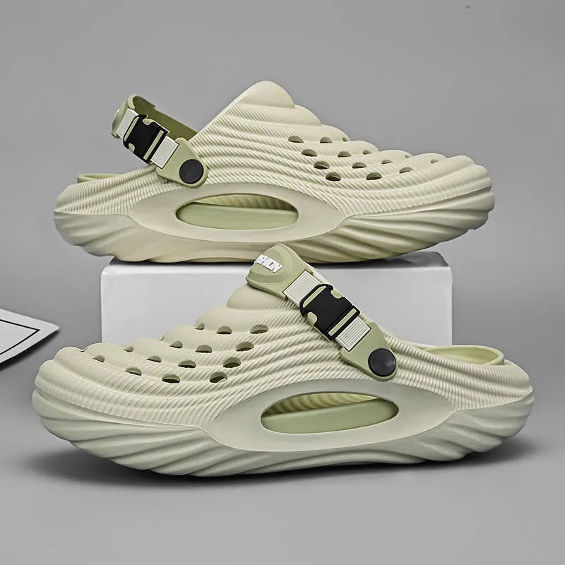 Men's solid colour EVA platform slippers with a hollow out design, shown in light green.