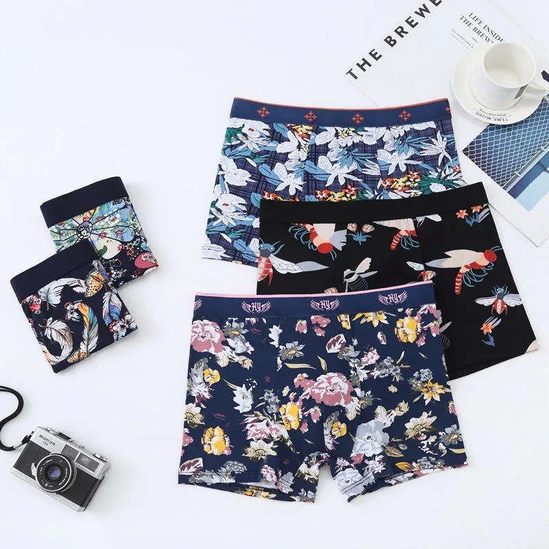 Men's cotton boxer briefs in a floral pattern showing the U-shaped design and mid waist.