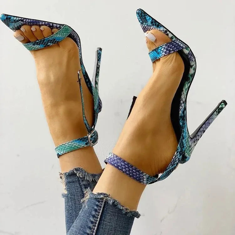 Serpentine blue high heels with buckle fastening, hollow-out details, and pointed toe in sizes 34-43