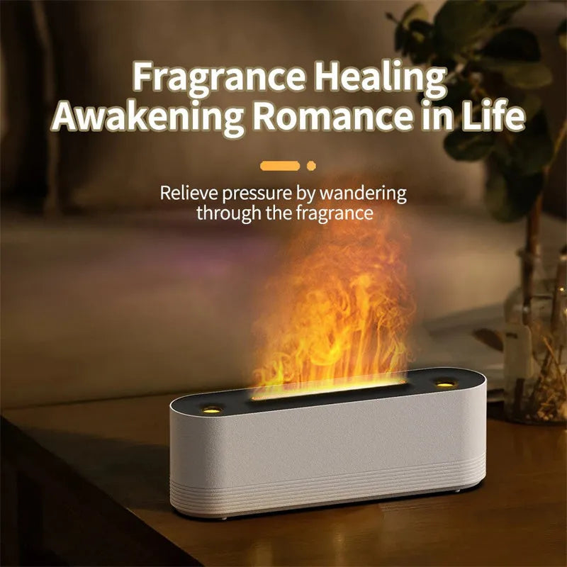 Black ultrasonic aroma diffuser with LED flame lighting emitting cool mist