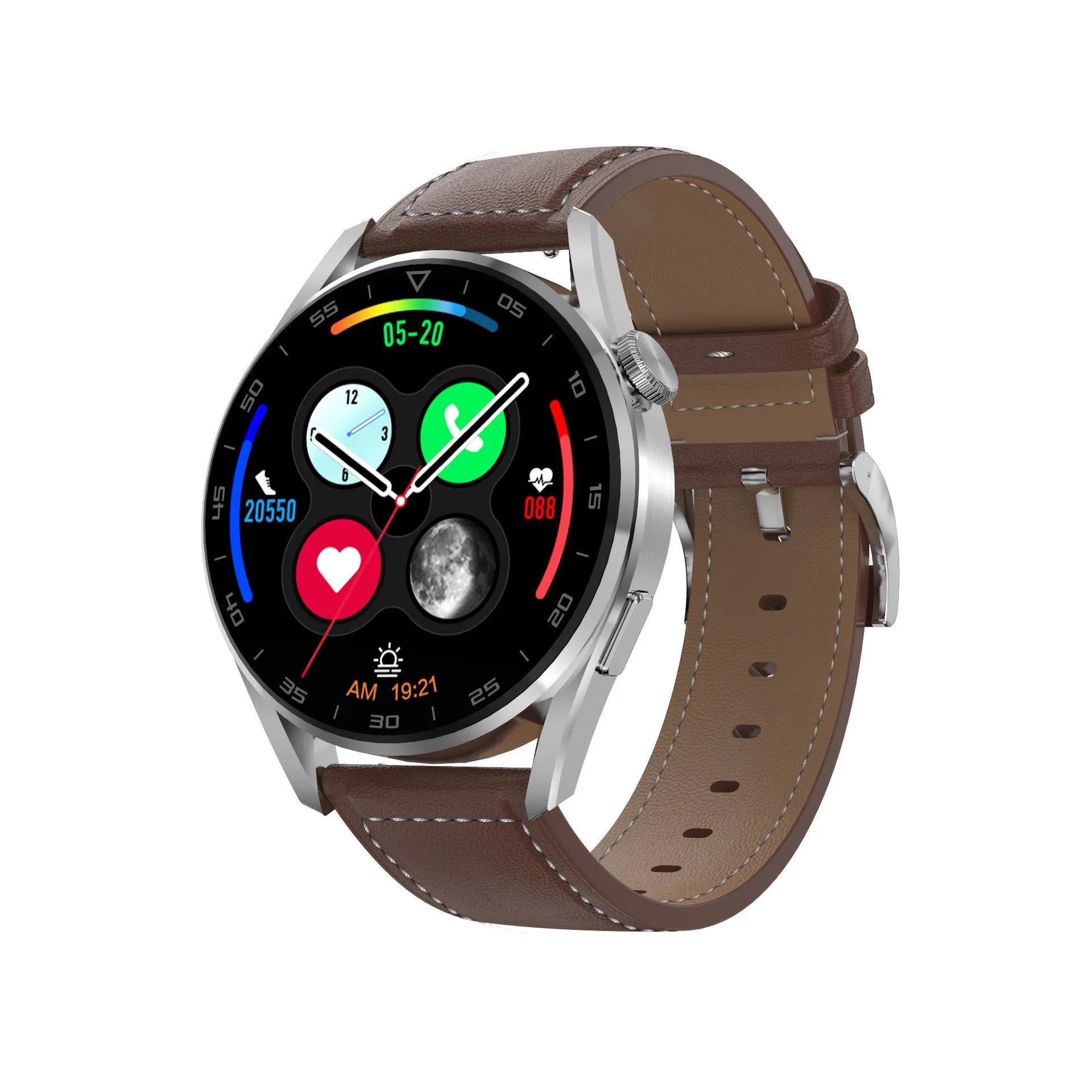 Bluetooth smart watch with 1.3-inch touchscreen on metal wristband, showing call and scan code functionality