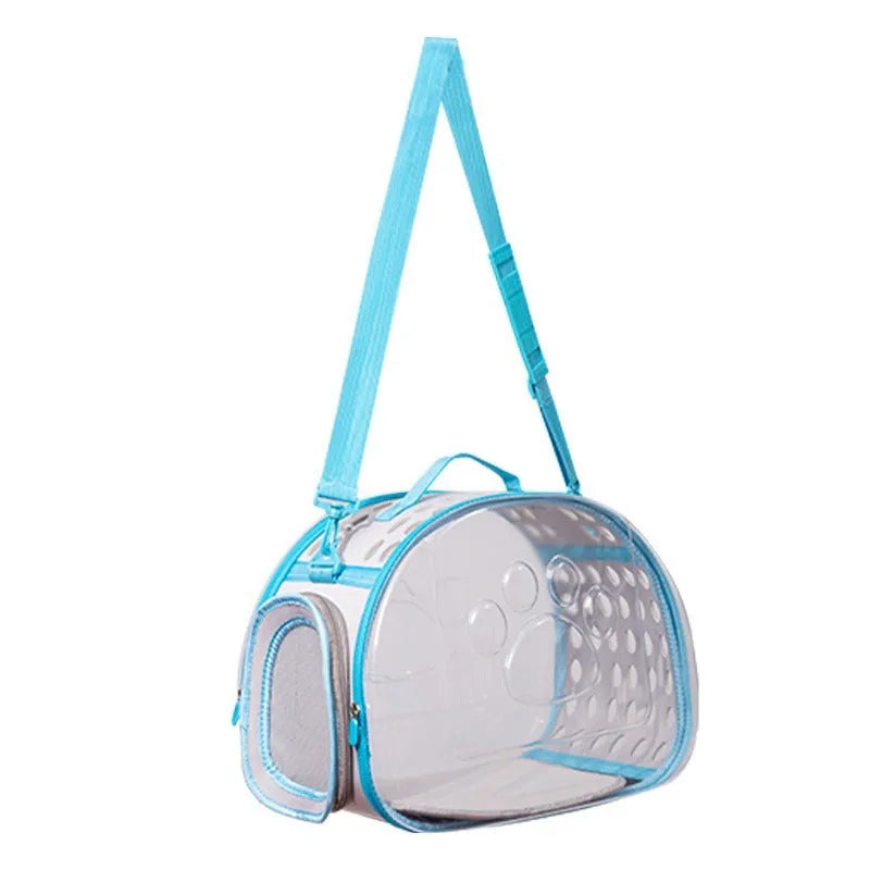 Transparent hard EVA cat backpack in grass green, showing 42x28x35cm dimensions and foldable design for storage