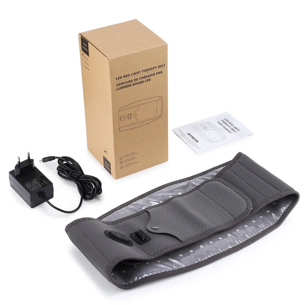 Grey neoprene electric waist belt with red light therapy beads for back pain relief
