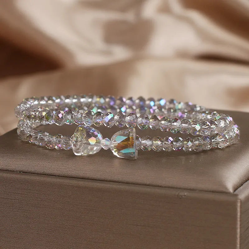 Women's double-circle crystal bow bracelet in white, green, or pink Mori style with colourful crystal design
