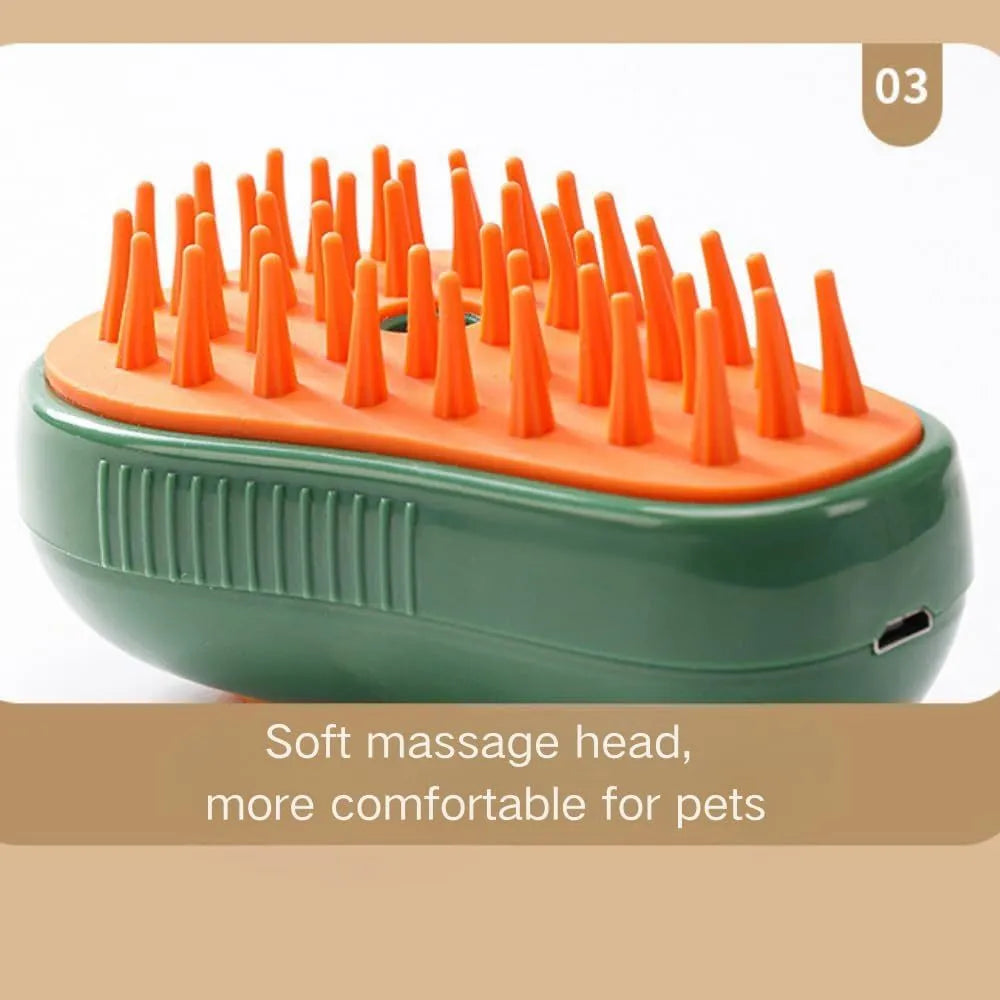 Green and white cat steam brush with water spray function, measuring 11cm by 7.5cm by 5.5cm