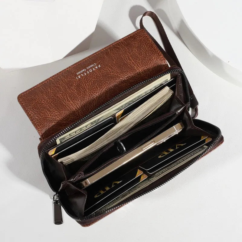 Men's black PU leather wallet showing multiple card slots, measuring 19cm by 10.5cm
