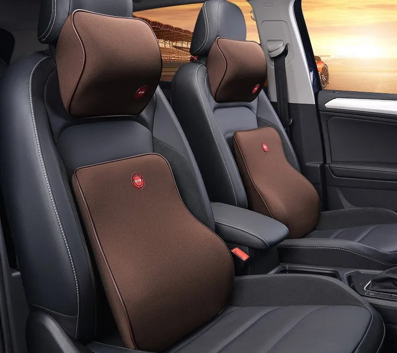 Car headrest neck protector and waist support set in black, coffee, grey or red with polyester cover and memory foam filling