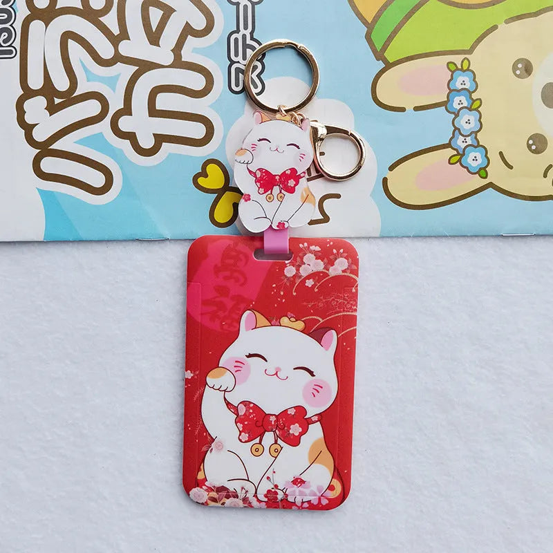 Lucky Cat cartoon design plastic certificate sleeve with a metal ferrule pendant attached.