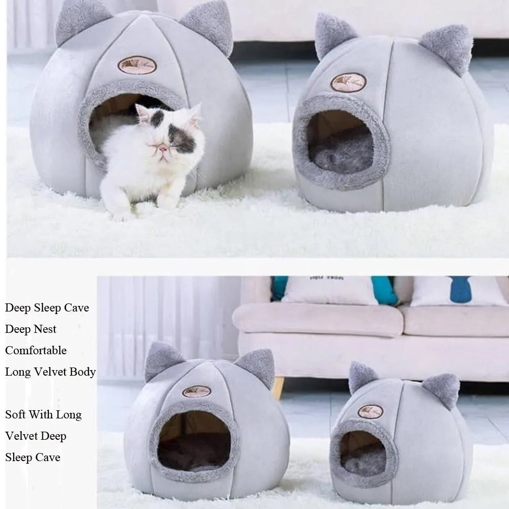 Large fully enclosed fabric cat house with a single entrance, shown in a home setting.