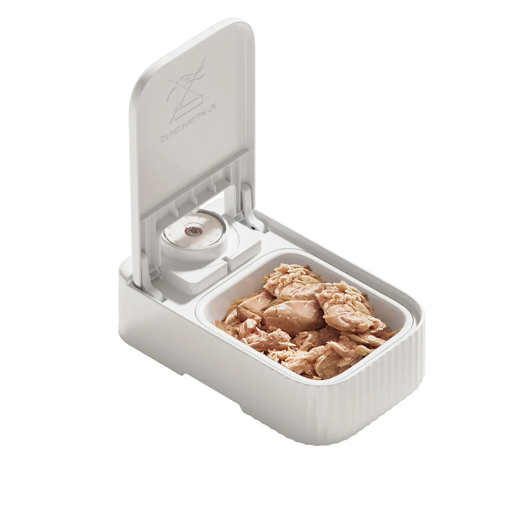 White automated pet feeder with timer display and a removable ice crystal cooling box underneath.