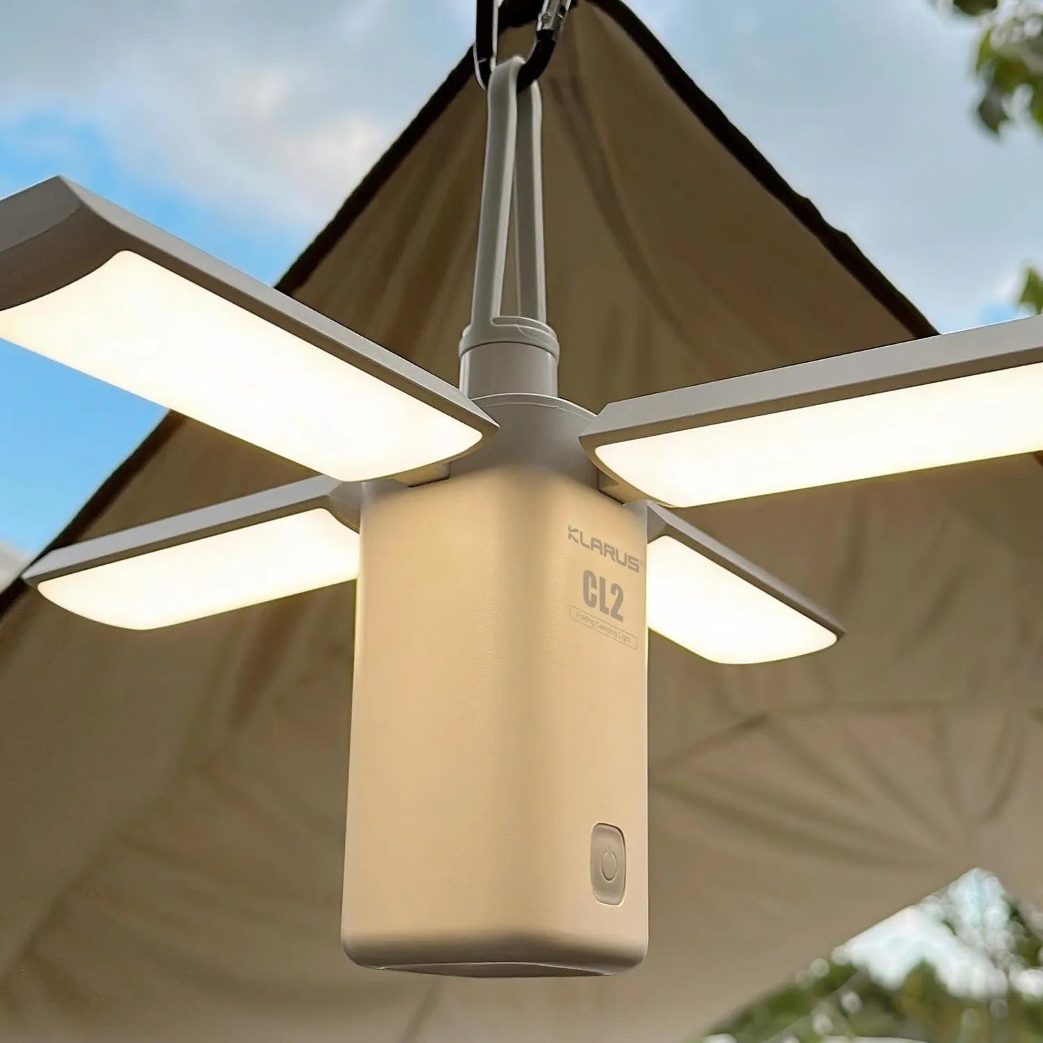 Green and white rechargeable campsite LED lamp with charging cable for outdoor camping use
