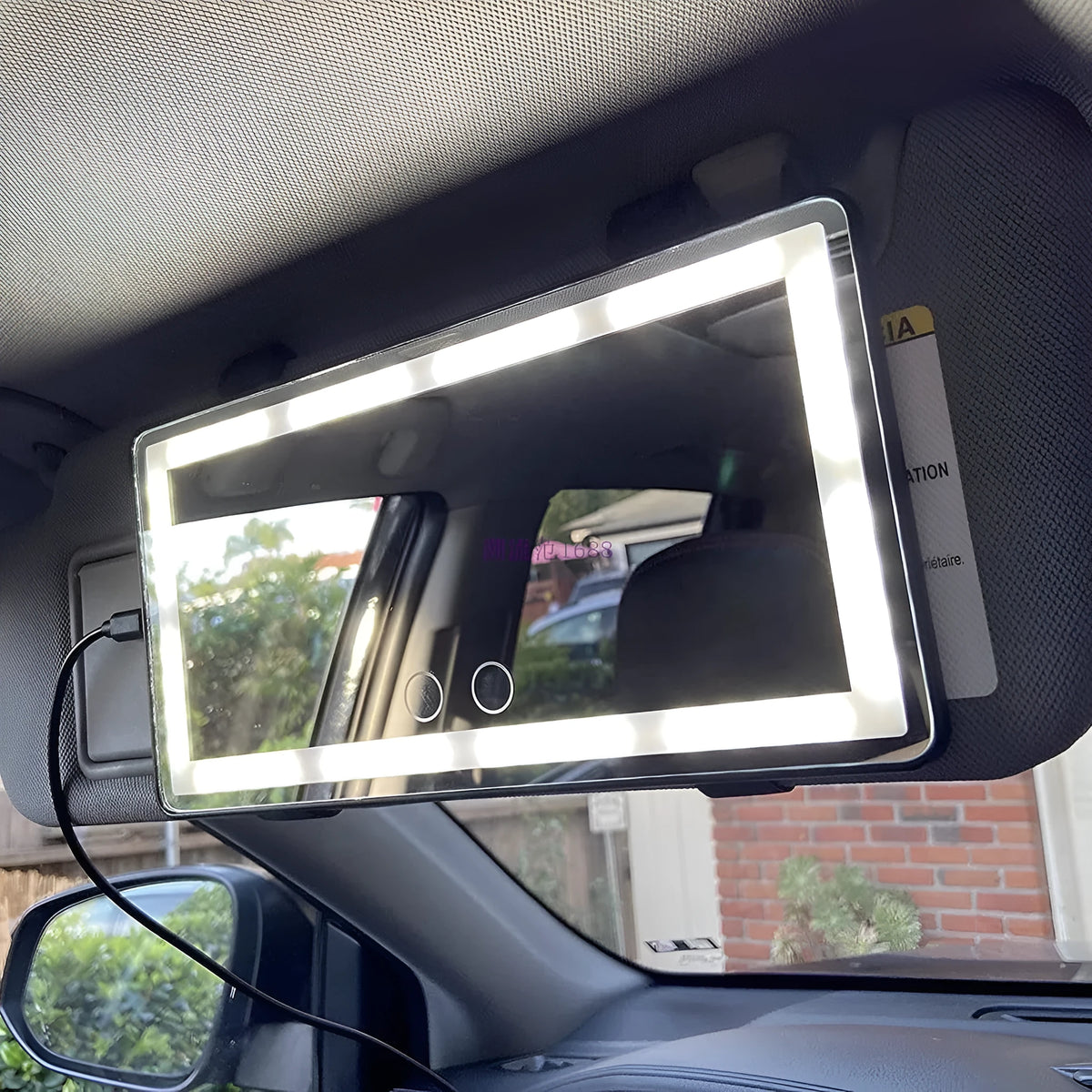 Car sun visor LED touch makeup mirror, 260x135x9mm, aluminum lens, ABS frame, black or white light bars