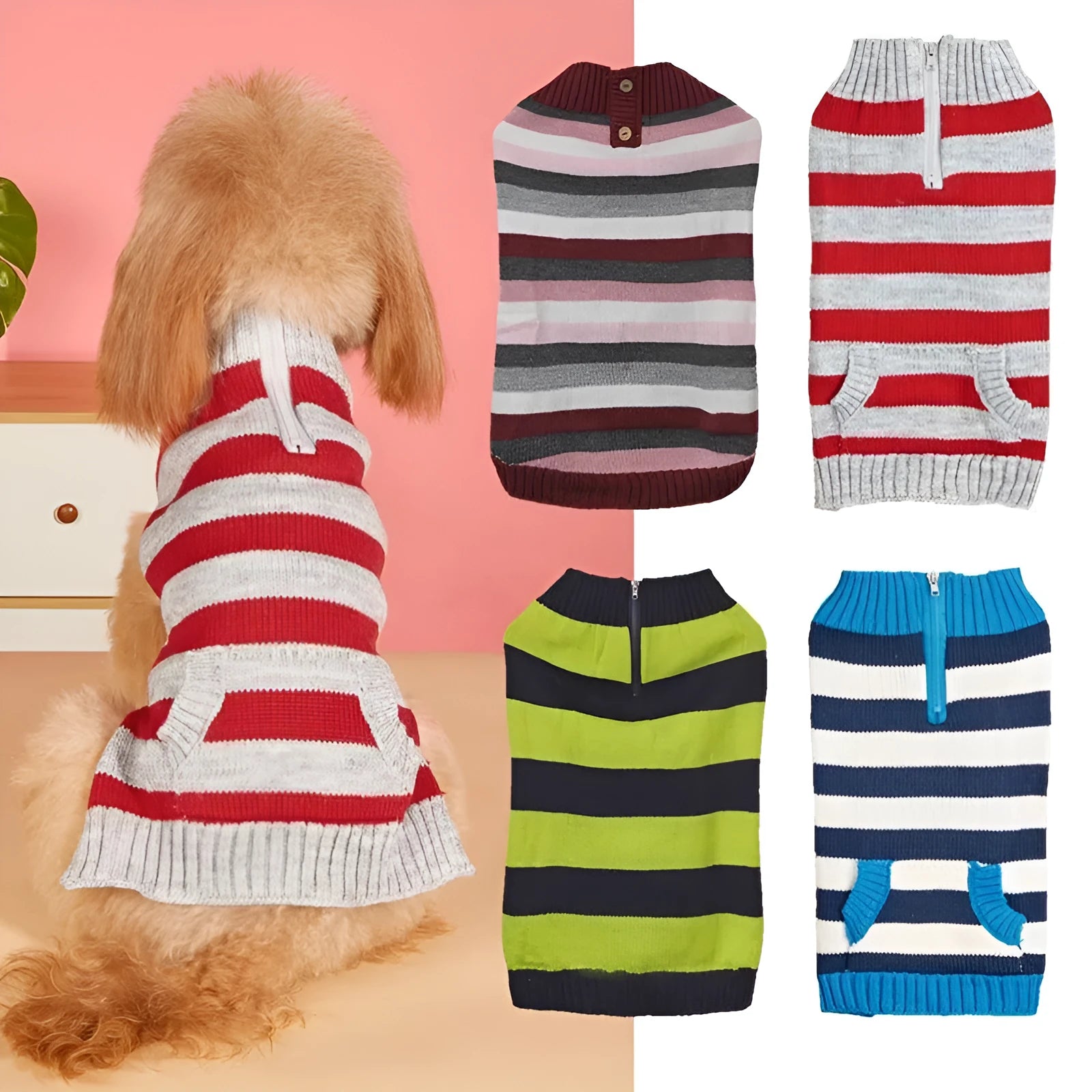 Grey dog sweater with horizontal zipper, button closure, and contrast colour front pockets on a small dog