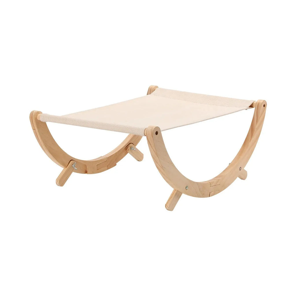 Brown wooden cat hammock bed with canvas exterior and plush interior, folded frame design