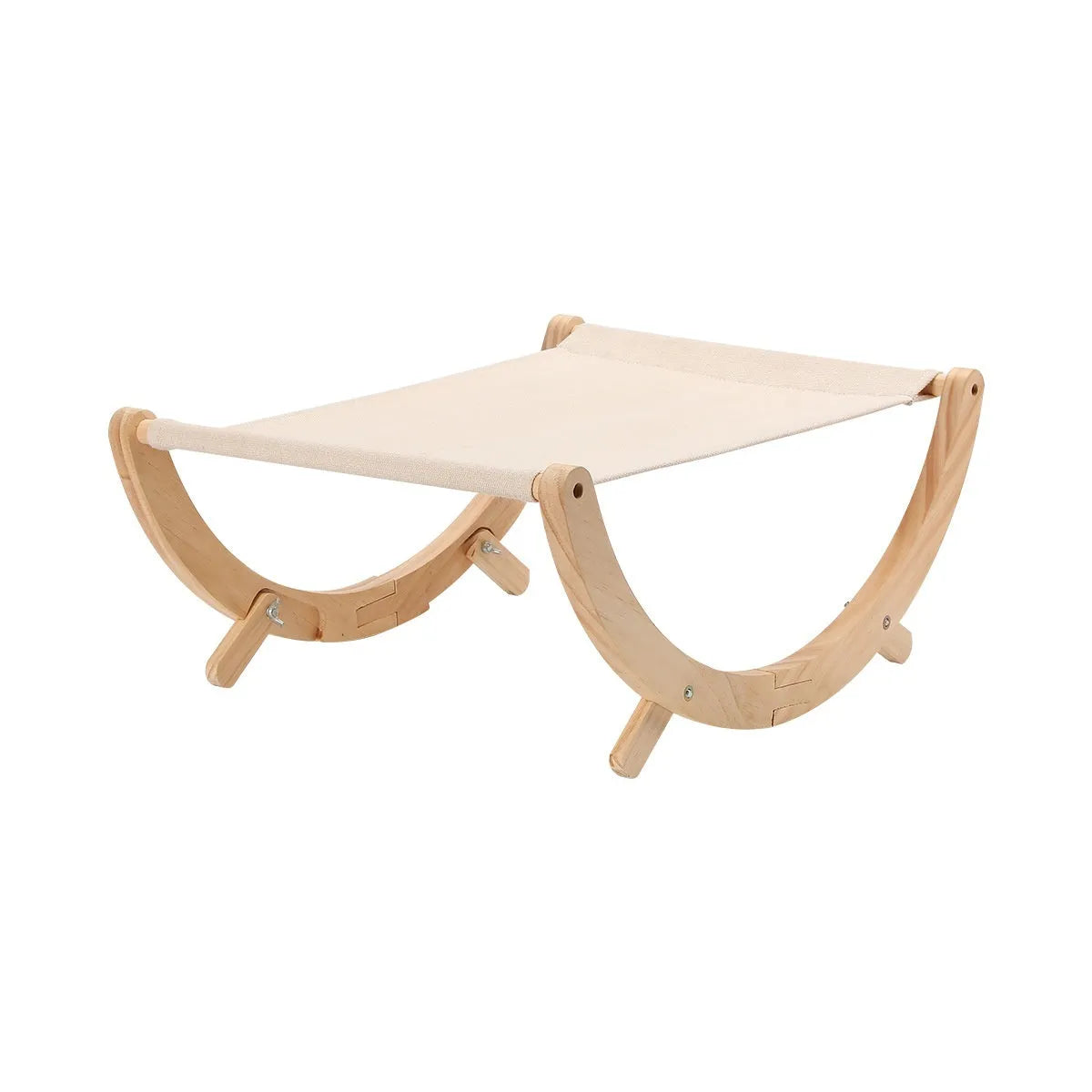 Brown wooden cat hammock bed with canvas exterior and plush interior, folded frame design