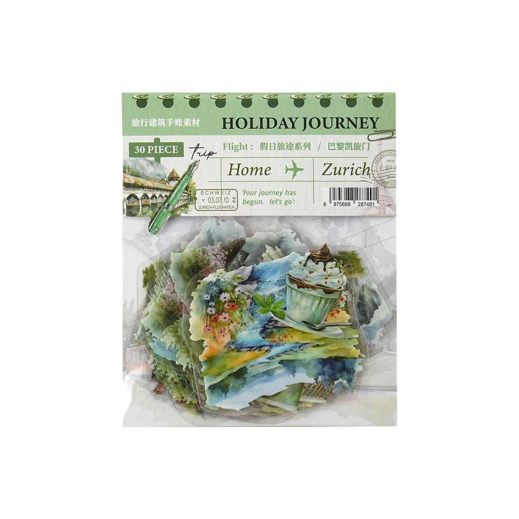 Holiday Journey Series architecture journal stickers showing retro style landmarks including Big Ben and Arc de Triomphe