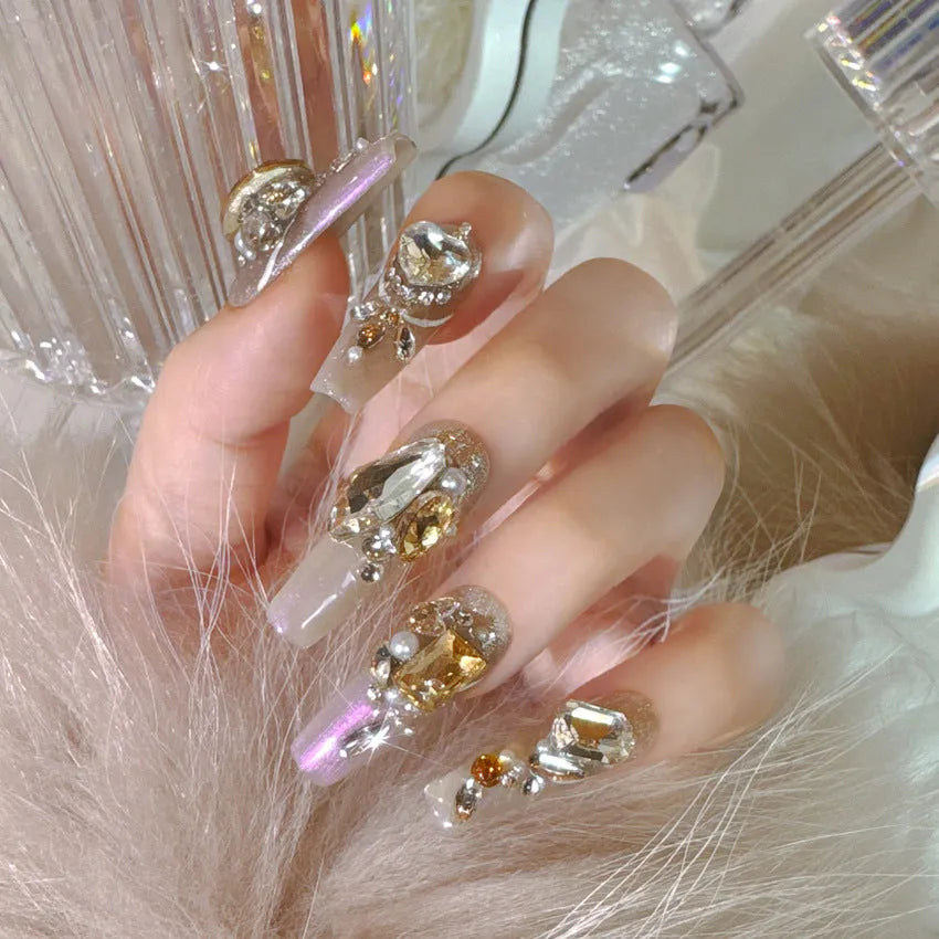 Wear Nail false nail patches with rhinestone detailing in card paper packaging, showing S number size and phototherapy sealing layer