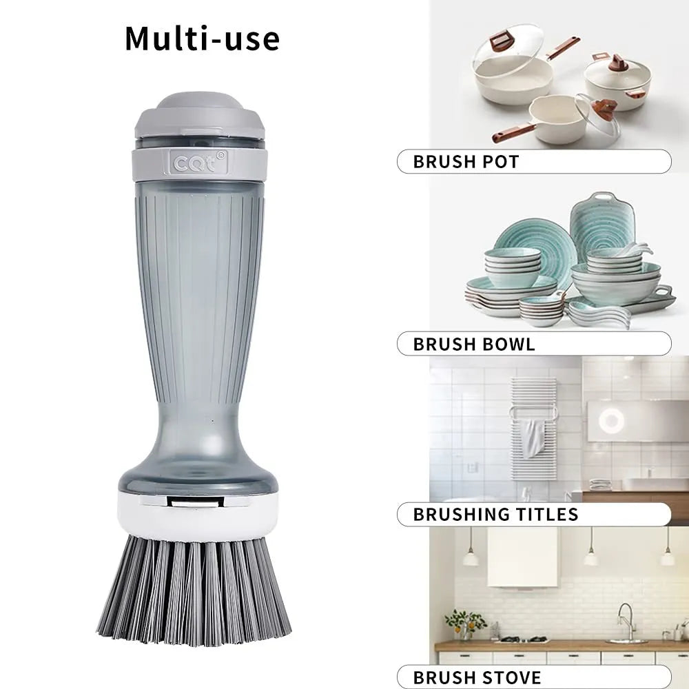 Milk white and mint green kitchen pot brush with soap dispenser in handle and replaceable brush head.