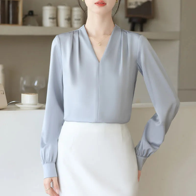 Women's blue slim fit long sleeve shirt with 3D stitching detail on mixed colour satin fabric