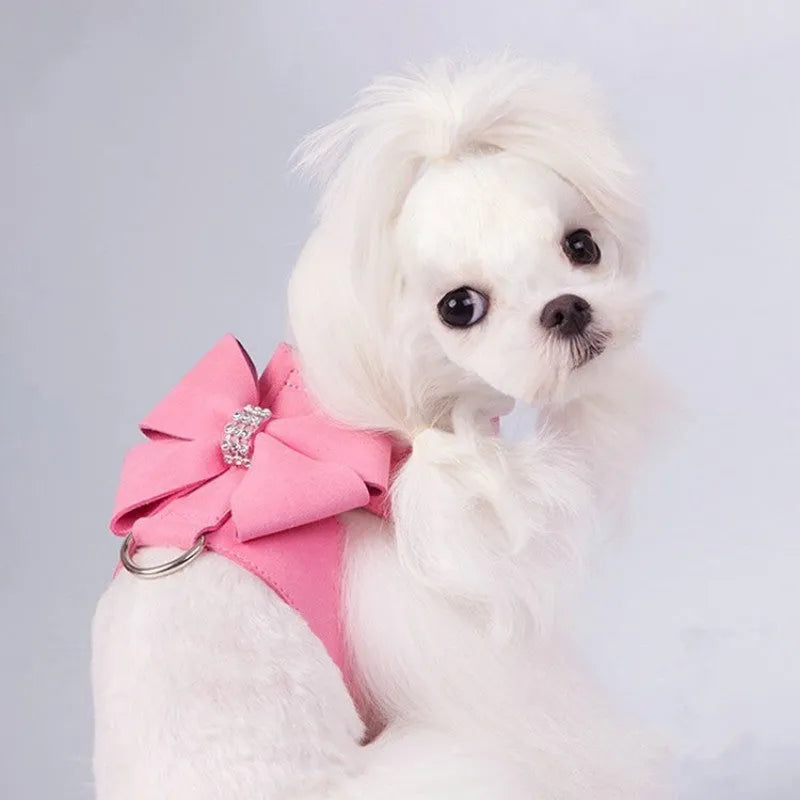 Pink bowknot puppy chest strap made of microfiber, adjustable for small dogs