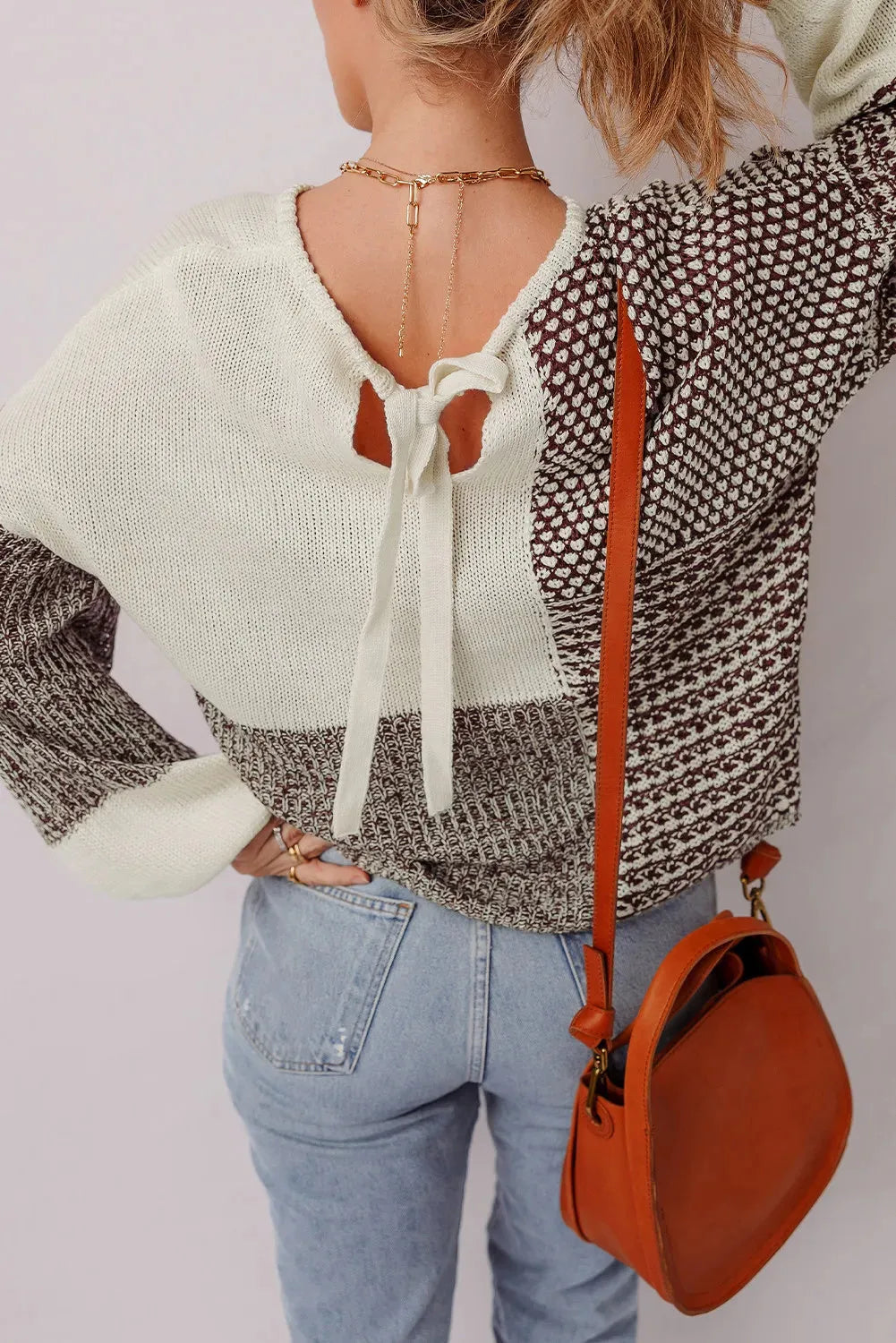 Dark khaki colour block sweater with drop shoulders and adjustable back tie detail