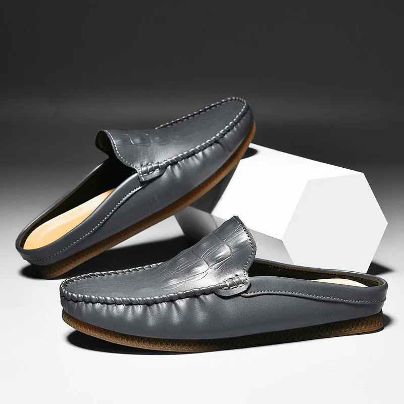 Men's black summer semi-slippers with a breathable artificial PU upper and a textured Gommino rubber sole.