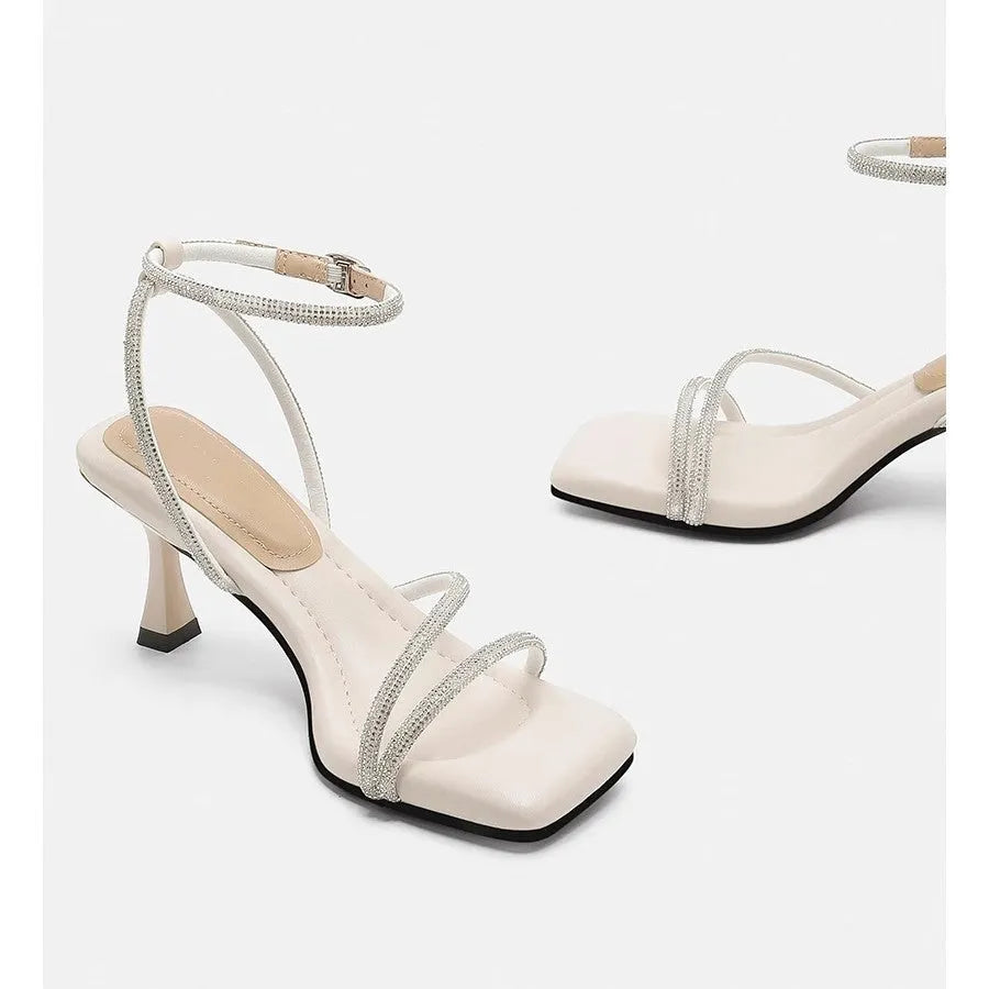 Women's silver rhinestone high heel sandals with buckle ankle strap and square toe