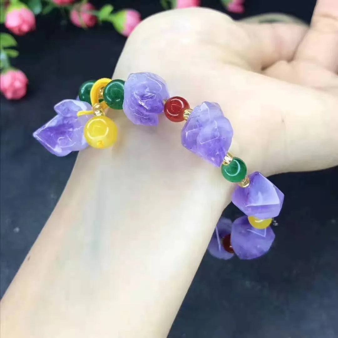 Natural shaped amethyst bracelet with fu character charm for women's travel commemoration gifts