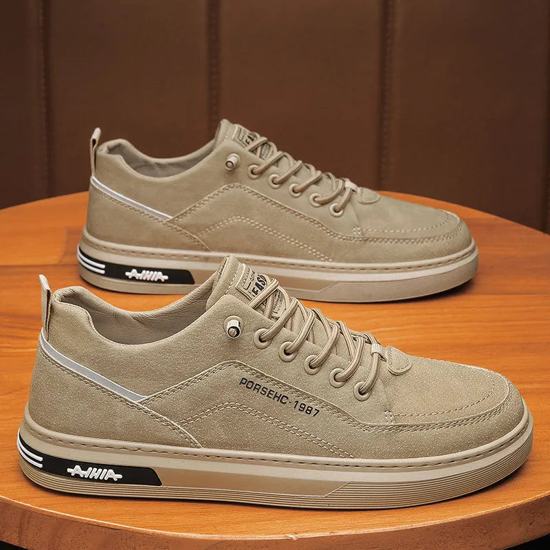 Men's casual work shoes with non-slip rubber soles and breathable PU upper in khaki colour