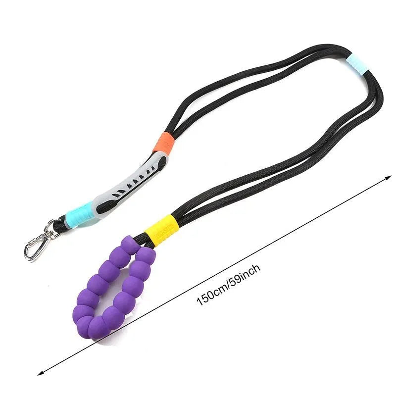 Nylon dog traction leash with foam handle showing black, light purple, sky blue and yellow colour options