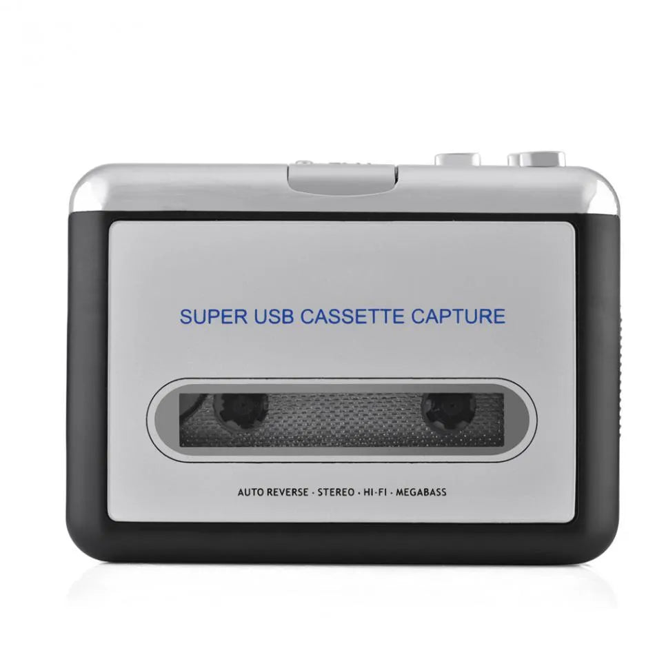 Silver USB cassette tape to MP3 converter unit with connection cables on a flat surface.