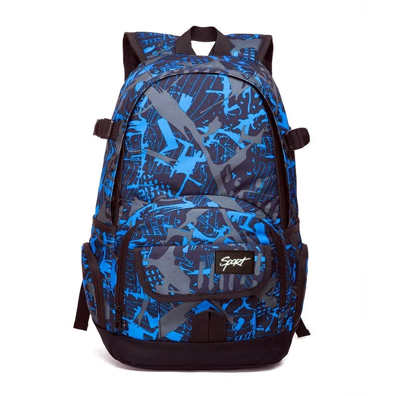 Blue classic nylon backpack with front zipped pocket, showing adjustable padded shoulder straps and 30-litre capacity
