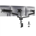 Black three-arm gas spring monitor mount holding 27-inch screen with 360-degree rotation capability