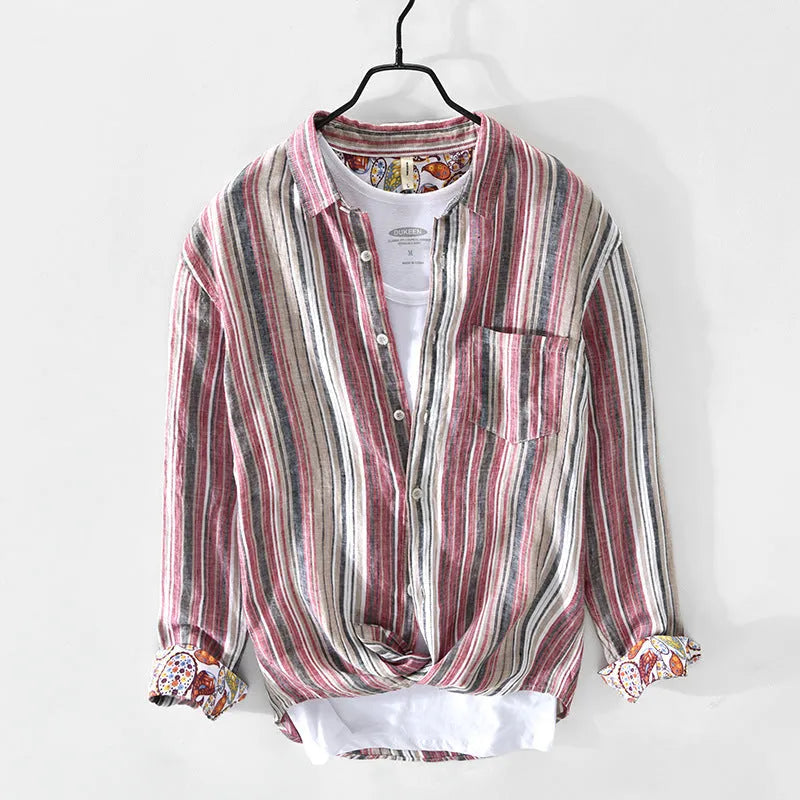 Men's red and grey striped linen shirt with long sleeves in loose fit for spring and summer wear
