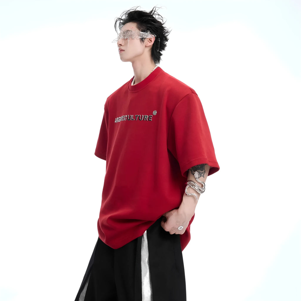 Men's short sleeve pure cotton T-shirt with snake pupil backbone, heavy rivet, and embroidery detail in cool black