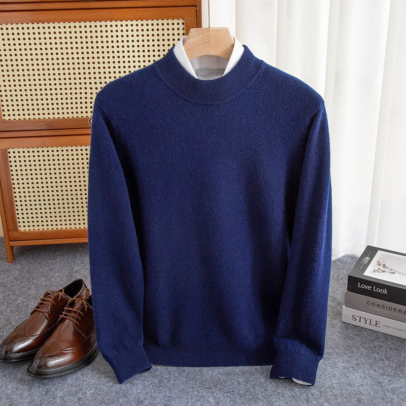Men's half-collar wool sweater in loose fit showing texture of rough yarn wool