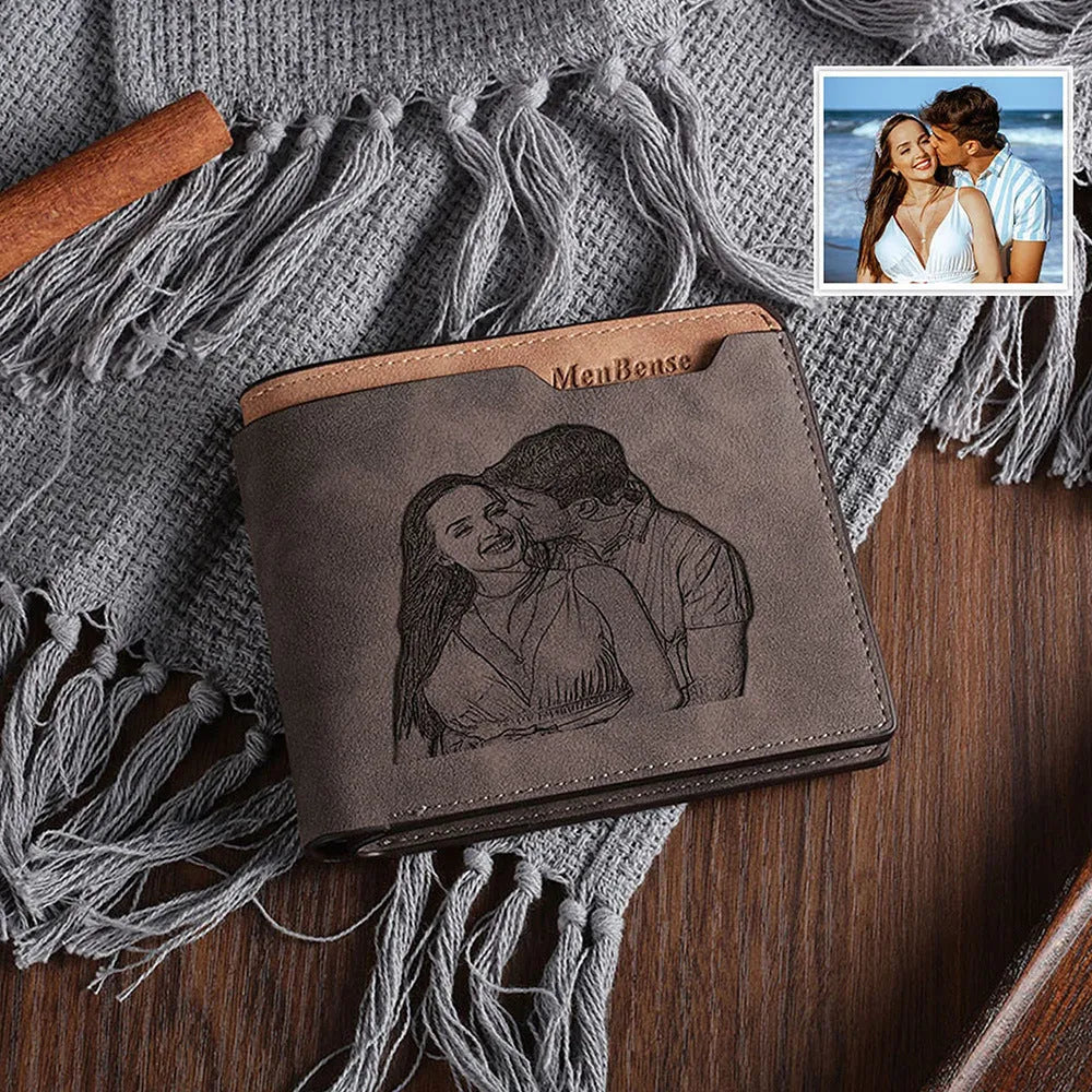Coffee-coloured engraved horizontal short wallet with personalised text, showing 120mm width and 25mm depth