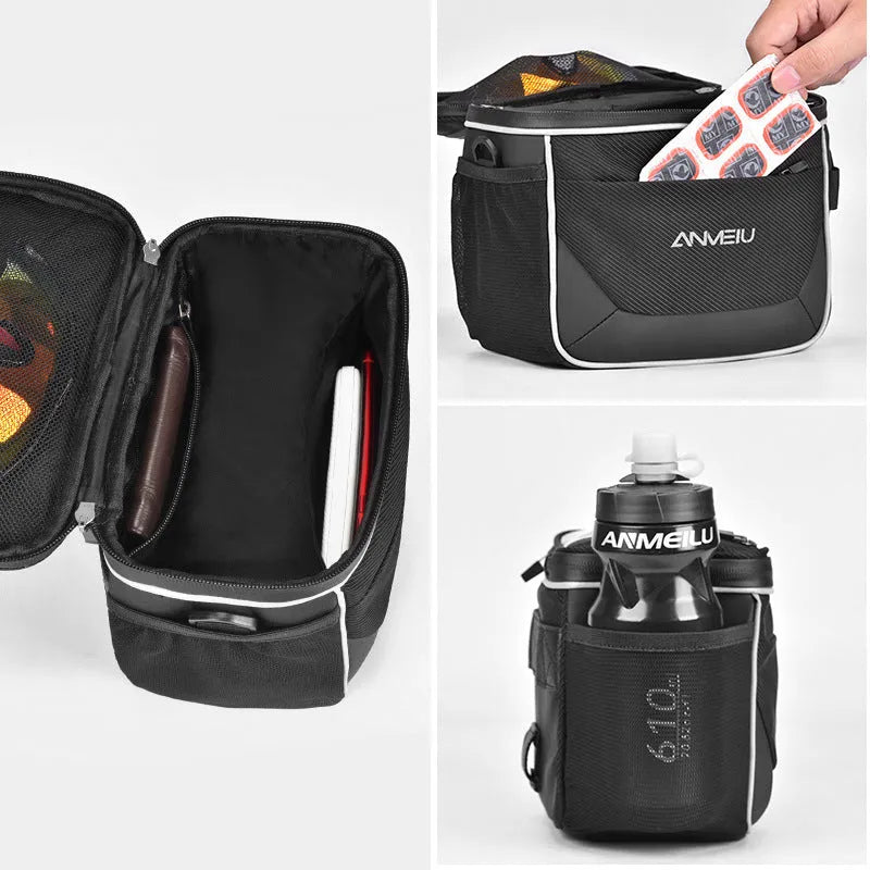 Black 7-inch polyester bicycle handlebar bag with hanging loop for scooter or cycling storage