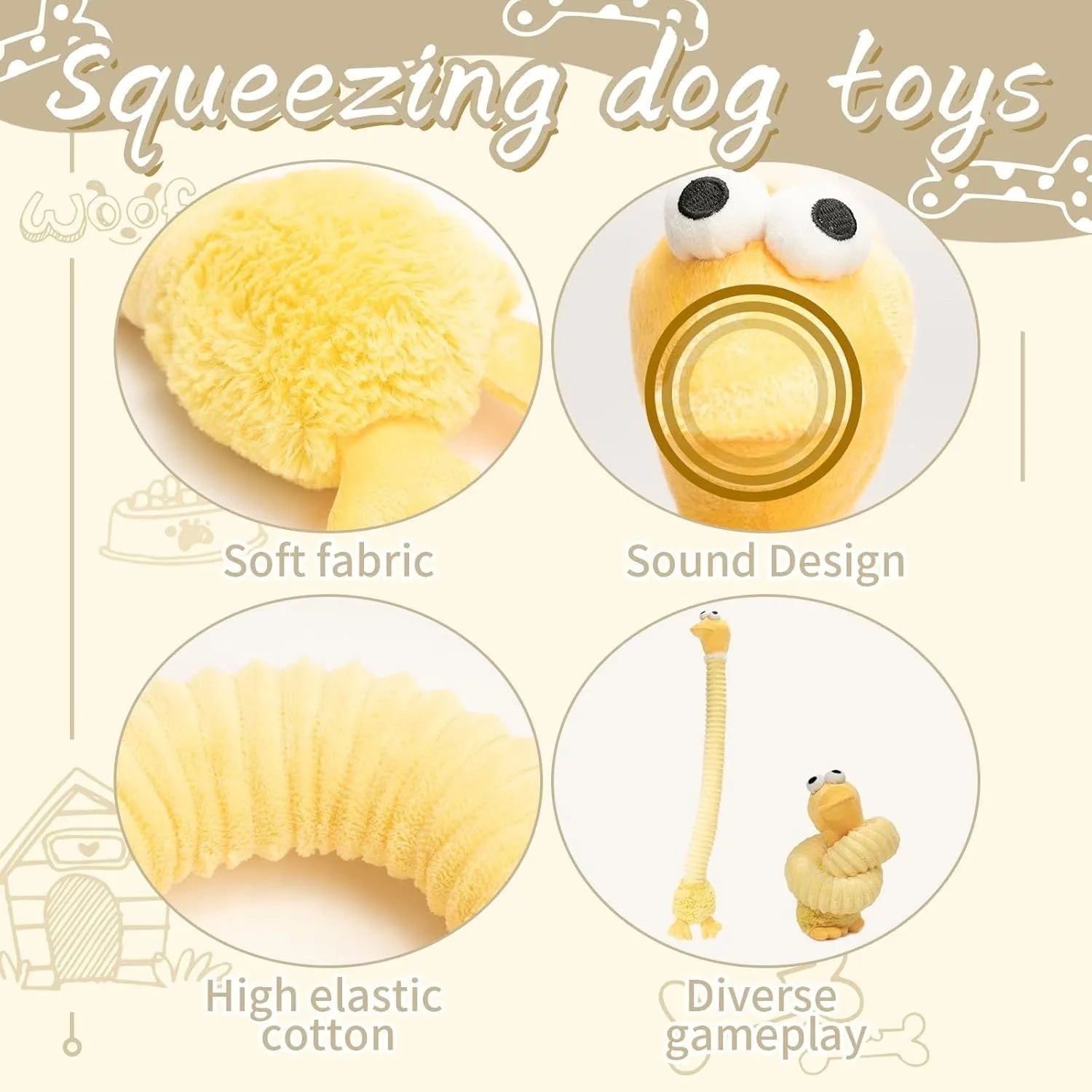 Plush squeaky dog toy with crinkle sounds for small medium large dogs in brown grey yellow colours