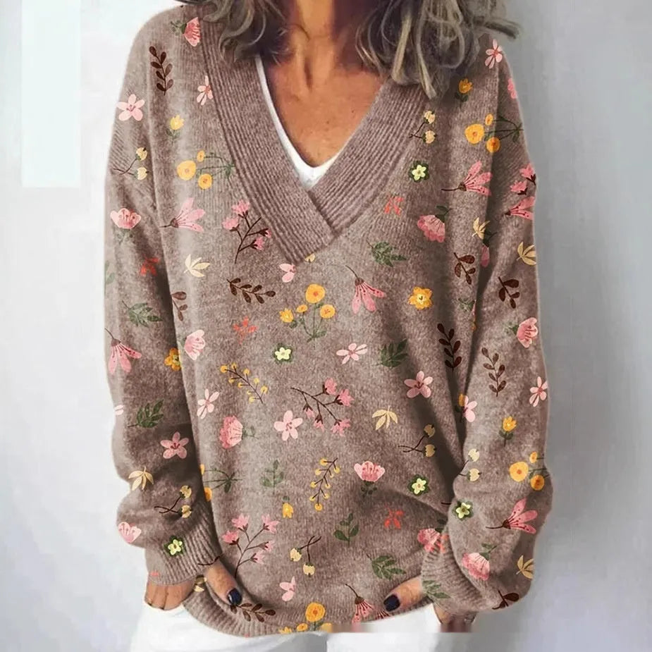 Women's floral pattern V-neck sweatshirt with 3D effect design in art retro style