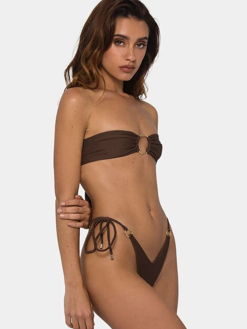 Brown women's tube-top bikini with adjustable halter neck and removable push-up padding