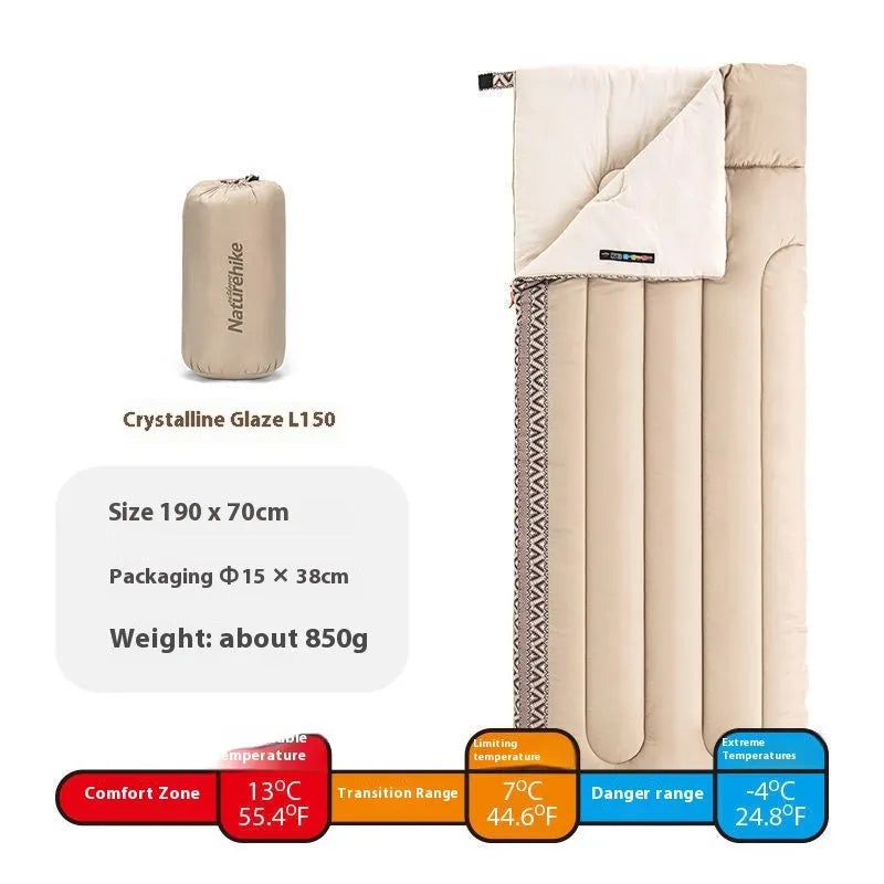 Four seasons outdoor sleeping bag unrolled showing 190cm length, hollow cotton filler, and chunya fabric in crystalline glaze colour