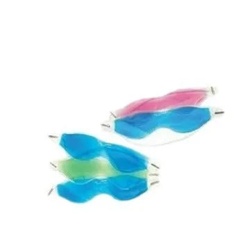 A blue gel ice eyeshade mask for cooling eye relief, shown with green, red, and yellow colour options.
