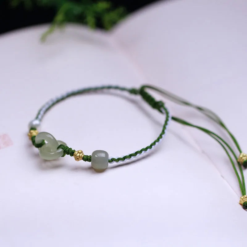 Hetian jade woven bracelet with flexible wire and hollow-out design in silver or gold finish