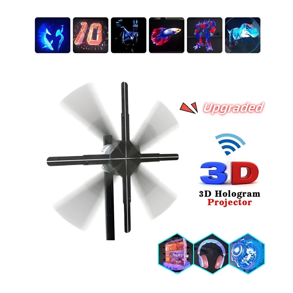 Upgraded naked eye 3D holographic advertising fan screen with 42cm display on a floor stand.
