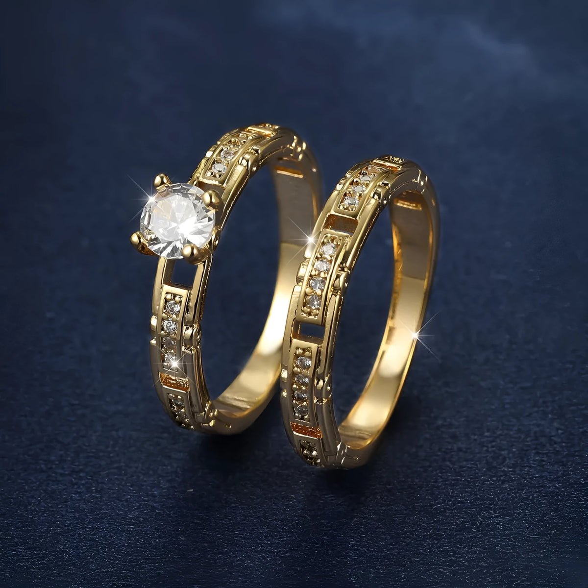 Gold electroplated alloy couple ring set with micro inlaid zircon, geometric shape, sizes No 5 to No 11