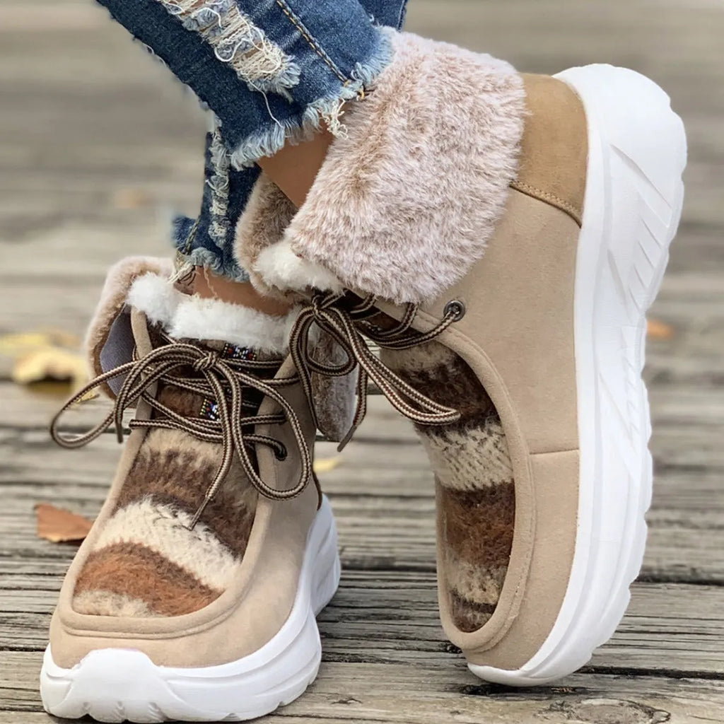 Women's lace-up snow boots in beige with suede upper, platform sole, and thermal plush lining for winter wear