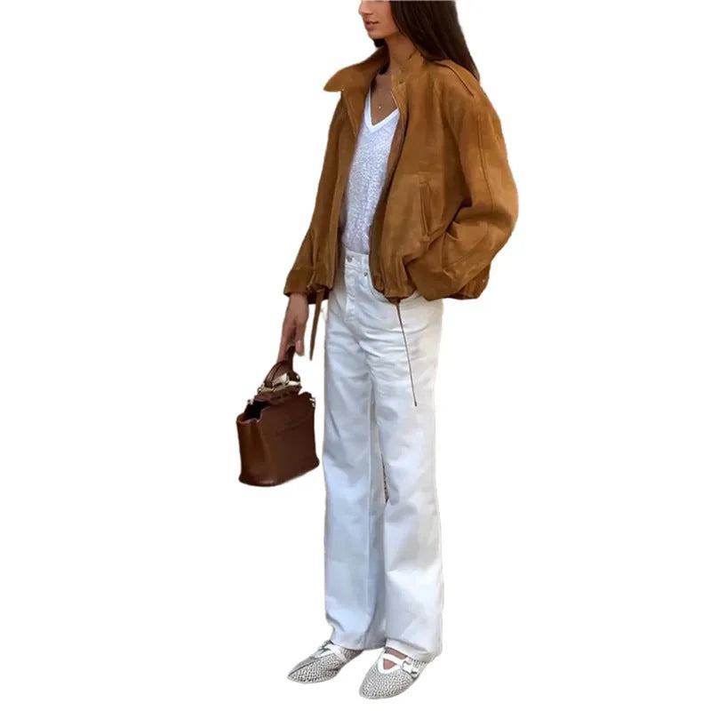 European and American retro solid colour loose-fit jacket with long sleeves in polyester