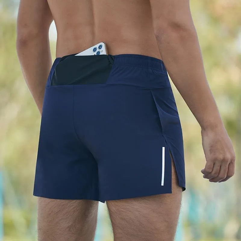 Men's off-road running shorts in navy blue with quick-drying fabric and high-waist design for running